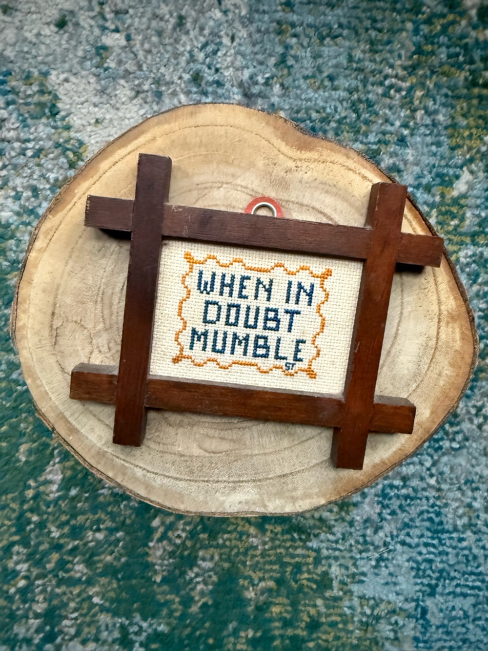 Vintage handmade cross-stitch When In Doubt kitsch wall hanging